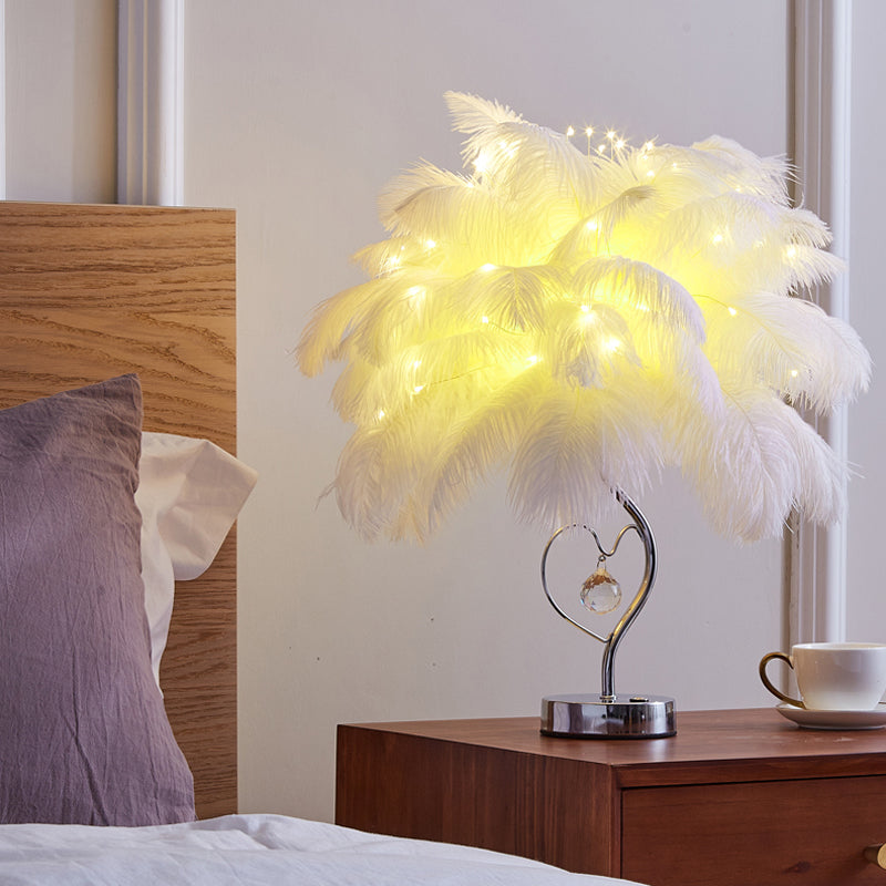 Palm Tree Feather Tischbeleuchtung Modern Romantisch Pink/Weiß LED Nachttischlampe mit K9 Kristall Tropfen