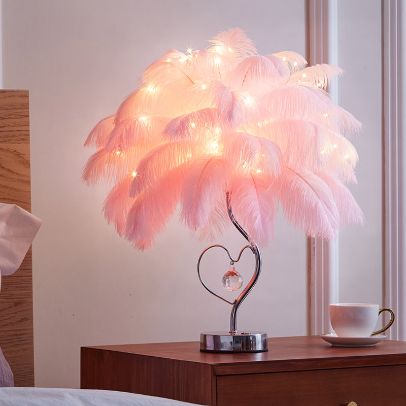 Palm Tree Feather Tischbeleuchtung Modern Romantisch Pink/Weiß LED Nachttischlampe mit K9 Kristall Tropfen