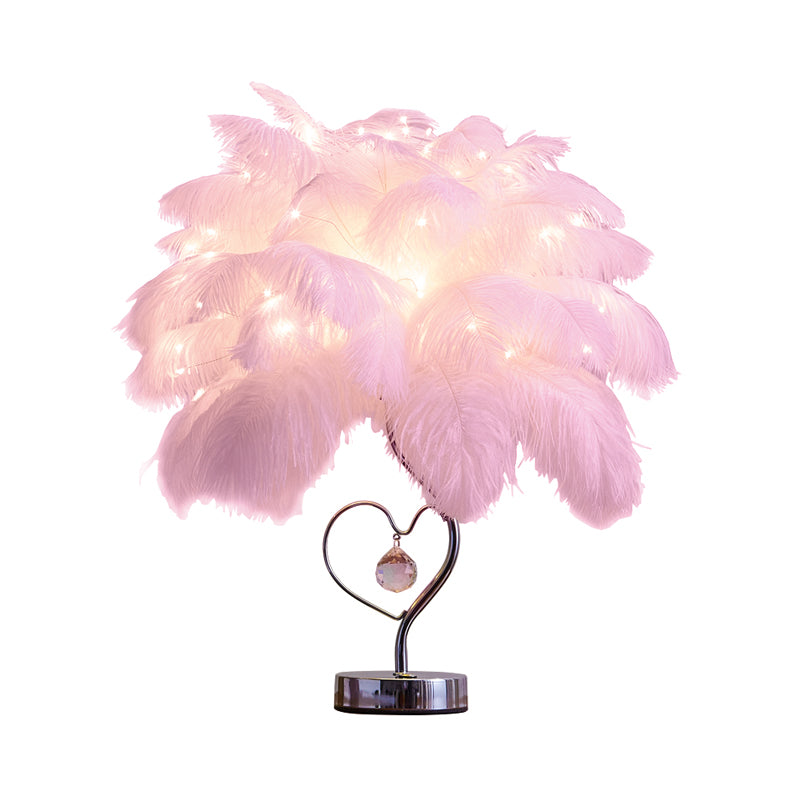 Palm Tree Feather Tischbeleuchtung Modern Romantisch Pink/Weiß LED Nachttischlampe mit K9 Kristall Tropfen