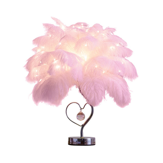 Palm Tree Feather Tischbeleuchtung Modern Romantisch Pink/Weiß LED Nachttischlampe mit K9 Kristall Tropfen