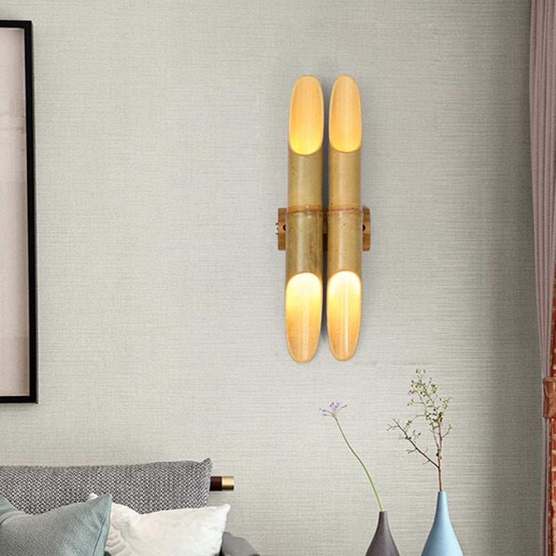 Frendorf | 4 Lichten Thee Kamer Wand Sconce Verlichting Aziatisch Beige Op-Onder Wandlamp met Dubbele Bar Bamboe Schaduw