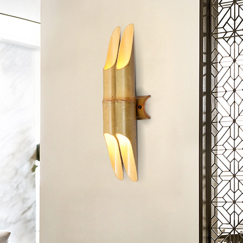Frendorf | 4 Lichten Thee Kamer Wand Sconce Verlichting Aziatisch Beige Op-Onder Wandlamp met Dubbele Bar Bamboe Schaduw