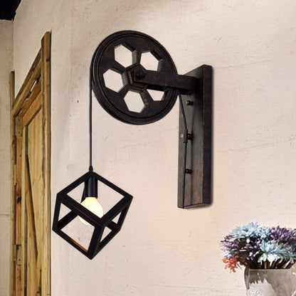 Frendorf | Schwarz 1 Kopf Wand Scone Licht Vintage Industrie Schmiedeeisen Quadrat Käfig Wandbeleuchtung für Bauernhaus