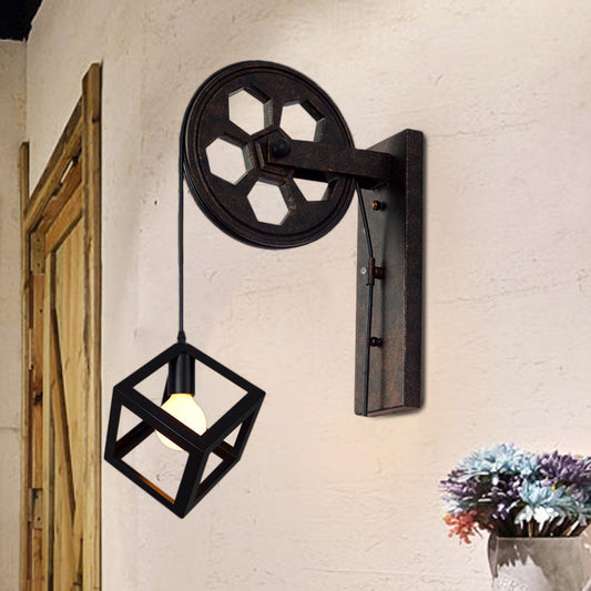 Frendorf | Schwarz 1 Kopf Wand Scone Licht Vintage Industrie Schmiedeeisen Quadrat Käfig Wandbeleuchtung für Bauernhaus