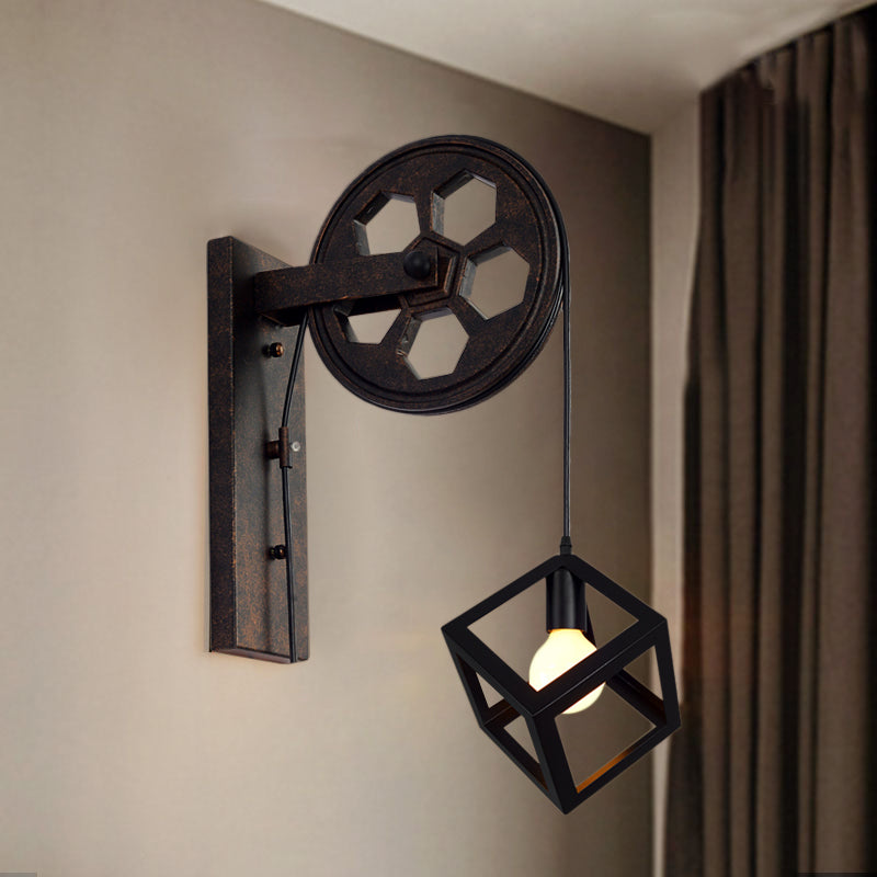 Frendorf | Schwarz 1 Kopf Wand Scone Licht Vintage Industrie Schmiedeeisen Quadrat Käfig Wandbeleuchtung für Bauernhaus
