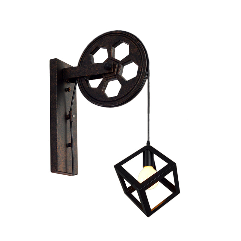 Frendorf | Schwarz 1 Kopf Wand Scone Licht Vintage Industrie Schmiedeeisen Quadrat Käfig Wandbeleuchtung für Bauernhaus
