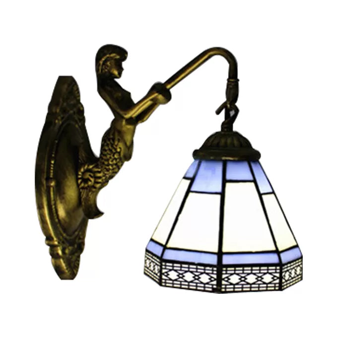 Frendorf | Kegel Wandlamp Armatuur 1 Hoofd Blauw/Groen/Amber Glas Tiffany Wandlamp met Zeemeermin Achterplaat