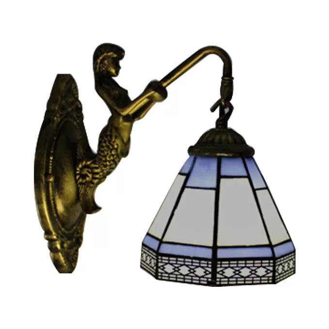 Frendorf | Kegel Wandlamp Armatuur 1 Hoofd Blauw/Groen/Amber Glas Tiffany Wandlamp met Zeemeermin Achterplaat