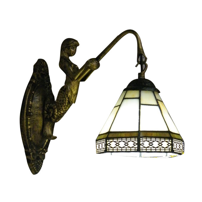 Frendorf | Kegel Wandlamp Armatuur 1 Hoofd Blauw/Groen/Amber Glas Tiffany Wandlamp met Zeemeermin Achterplaat