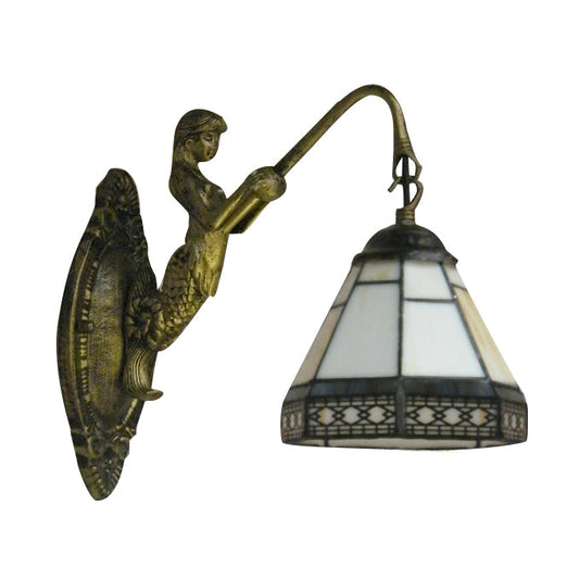 Frendorf | Kegel Wandlamp Armatuur 1 Hoofd Blauw/Groen/Amber Glas Tiffany Wandlamp met Zeemeermin Achterplaat