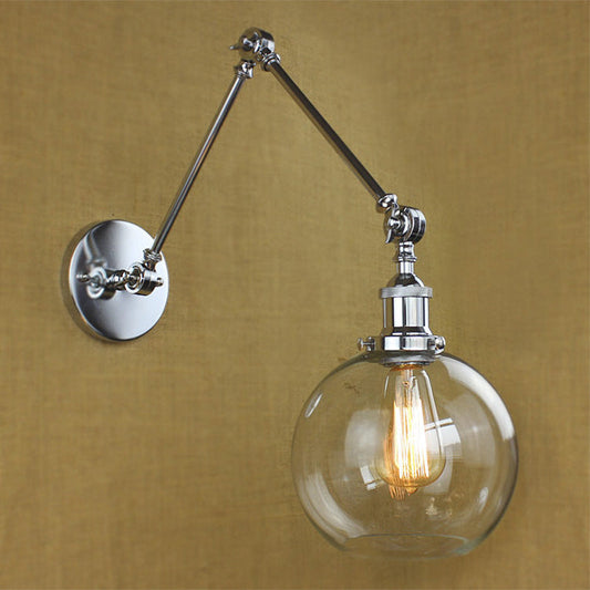 Frendorf | Eine Wandlampe mit einer Glaskugel-Schirm, klares Glas, industrielle Esszimmer-Wandleuchte mit Schwenkarm