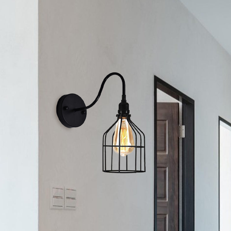 Frendorf | Vogelkooi Koffie Shop Wandlamp met Gooseneck Arm Industriële Rustieke Metaal 1 Licht Zwart Wandverlichting