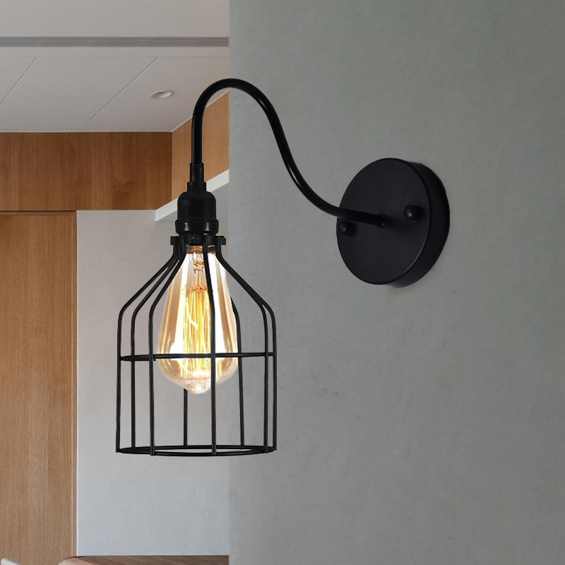 Frendorf | Vogelkooi Koffie Shop Wandlamp met Gooseneck Arm Industriële Rustieke Metaal 1 Licht Zwart Wandverlichting