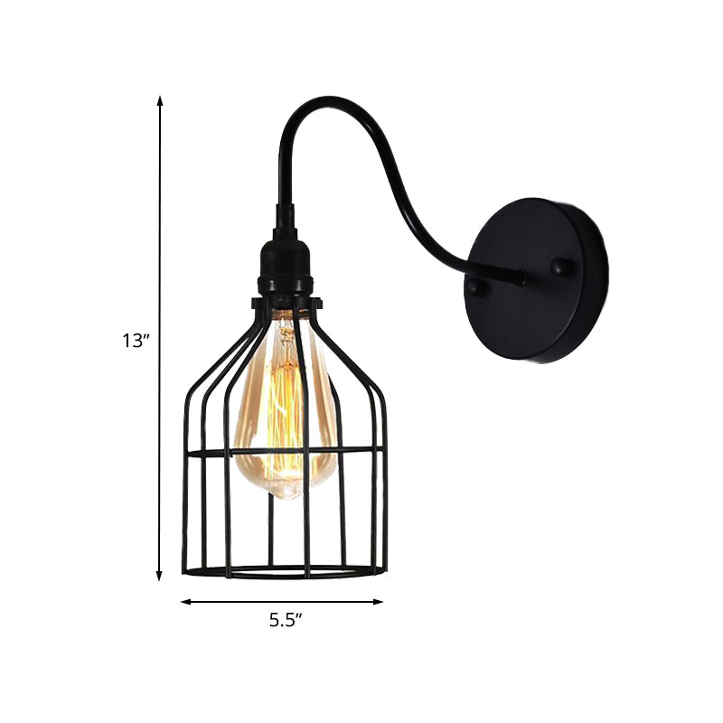 Frendorf | Vogelkooi Koffie Shop Wandlamp met Gooseneck Arm Industriële Rustieke Metaal 1 Licht Zwart Wandverlichting