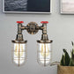 Frendorf | Farmhouse Drahtschutz Wandlampe mit Ventilrad 2 Glühbirnen Schmiedeeisen Wandleuchte in Messing