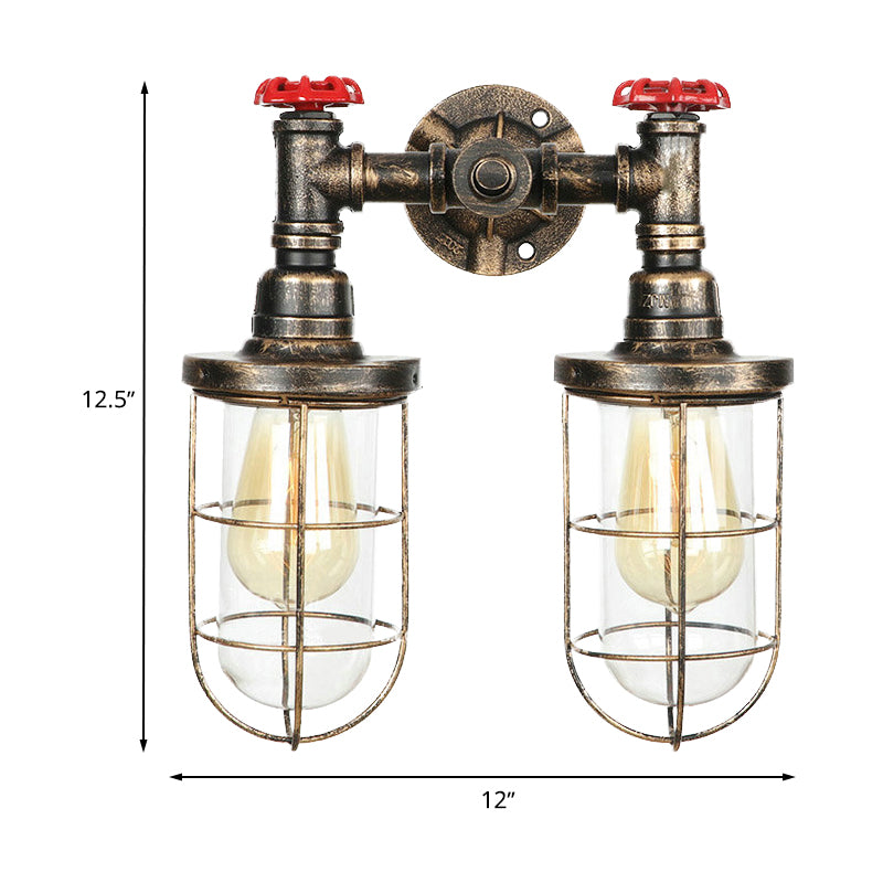 Frendorf | Farmhouse Drahtschutz Wandlampe mit Ventilrad 2 Glühbirnen Schmiedeeisen Wandleuchte in Messing