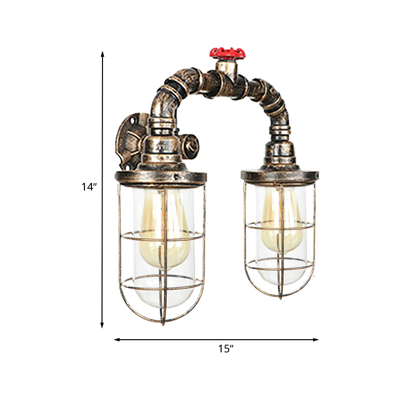 Frendorf | Farmhouse Drahtschutz Wandlampe mit Ventilrad 2 Glühbirnen Schmiedeeisen Wandleuchte in Messing