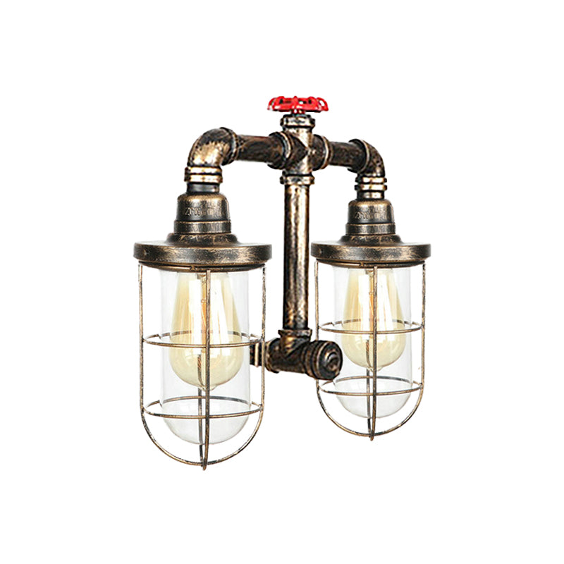 Frendorf | Farmhouse Drahtschutz Wandlampe mit Ventilrad 2 Glühbirnen Schmiedeeisen Wandleuchte in Messing