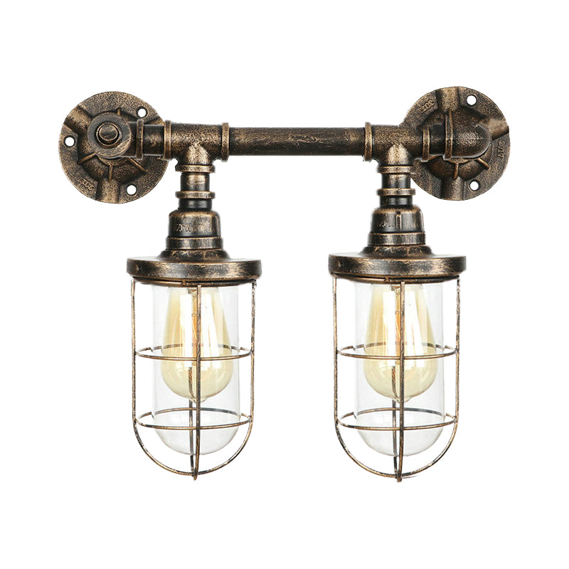 Frendorf | Farmhouse Drahtschutz Wandlampe mit Ventilrad 2 Glühbirnen Schmiedeeisen Wandleuchte in Messing