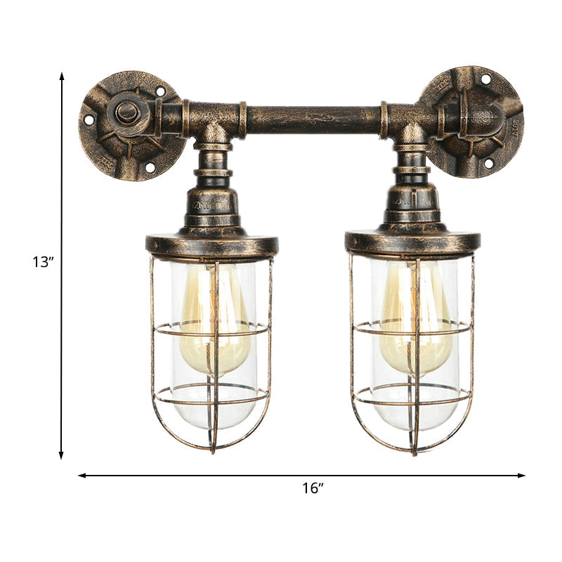 Frendorf | Farmhouse Drahtschutz Wandlampe mit Ventilrad 2 Glühbirnen Schmiedeeisen Wandleuchte in Messing