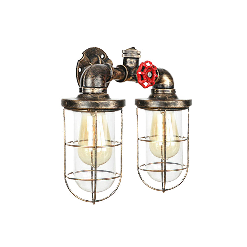 Frendorf | Farmhouse Drahtschutz Wandlampe mit Ventilrad 2 Glühbirnen Schmiedeeisen Wandleuchte in Messing