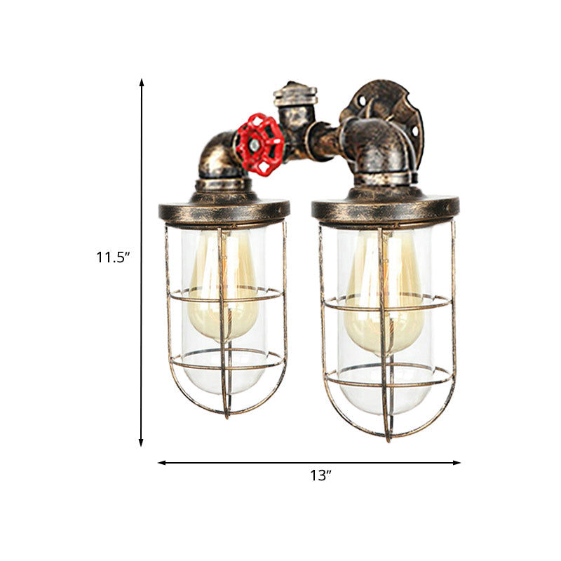 Frendorf | Farmhouse Drahtschutz Wandlampe mit Ventilrad 2 Glühbirnen Schmiedeeisen Wandleuchte in Messing