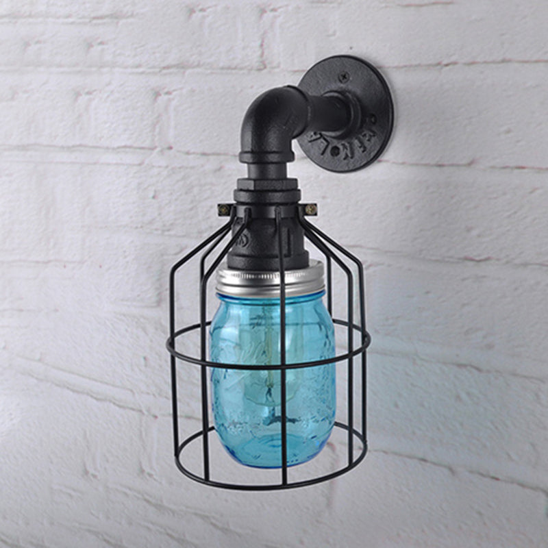 Frendorf | Blaue/Klare Glas-Schirm Wandlampe mit Drahtkäfig Industriestil Glas 1 Glühbirne Restaurant Wandleuchte