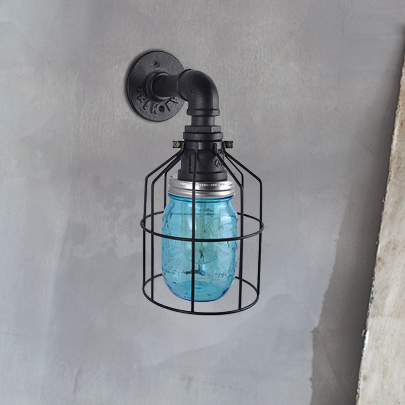 Frendorf | Blaue/Klare Glas-Schirm Wandlampe mit Drahtkäfig Industriestil Glas 1 Glühbirne Restaurant Wandleuchte