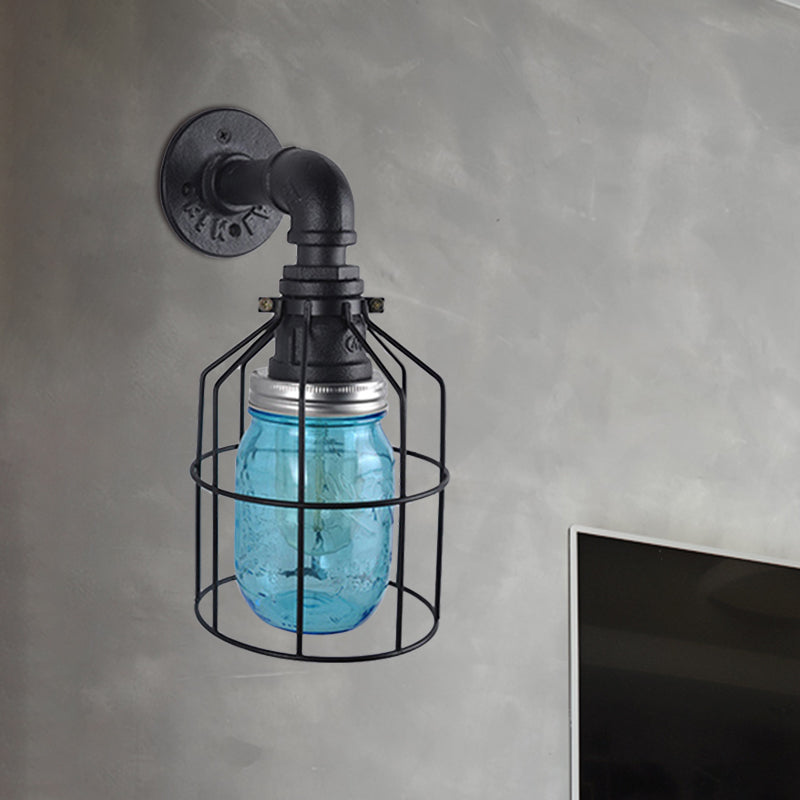 Frendorf | Blaue/Klare Glas-Schirm Wandlampe mit Drahtkäfig Industriestil Glas 1 Glühbirne Restaurant Wandleuchte