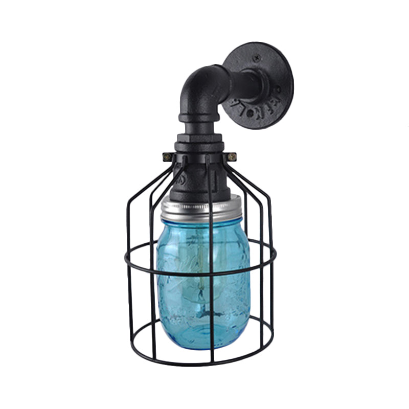 Frendorf | Blaue/Klare Glas-Schirm Wandlampe mit Drahtkäfig Industriestil Glas 1 Glühbirne Restaurant Wandleuchte