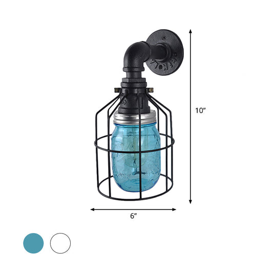 Frendorf | Blaue/Klare Glas-Schirm Wandlampe mit Drahtkäfig Industriestil Glas 1 Glühbirne Restaurant Wandleuchte