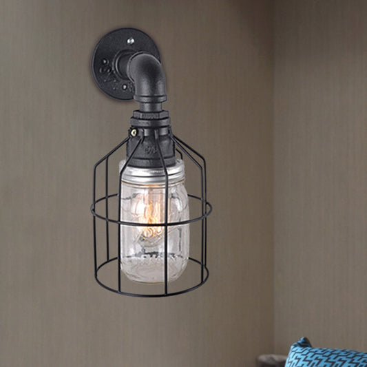 Frendorf | Blaue/Klare Glas-Schirm Wandlampe mit Drahtkäfig Industriestil Glas 1 Glühbirne Restaurant Wandleuchte