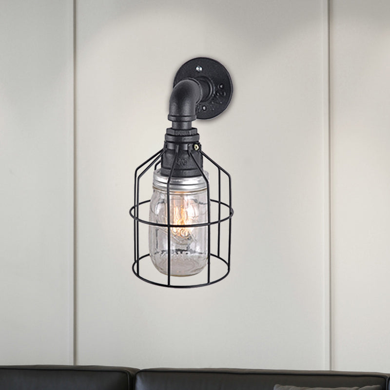 Frendorf | Blaue/Klare Glas-Schirm Wandlampe mit Drahtkäfig Industriestil Glas 1 Glühbirne Restaurant Wandleuchte