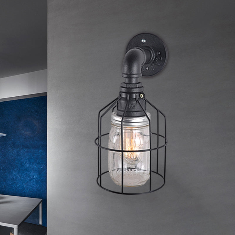 Frendorf | Blaue/Klare Glas-Schirm Wandlampe mit Drahtkäfig Industriestil Glas 1 Glühbirne Restaurant Wandleuchte