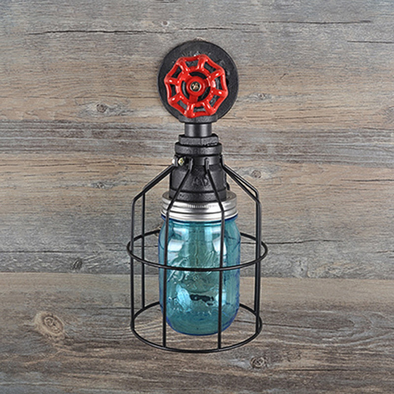 Frendorf | Vintage Caged Wandlamp met Binnenpot Shade en Rode Klep 1 Licht Glas Wandverlichting in Blauw/ doorzichtig