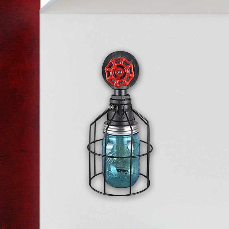 Frendorf | Vintage Caged Wandlamp met Binnenpot Shade en Rode Klep 1 Licht Glas Wandverlichting in Blauw/ doorzichtig