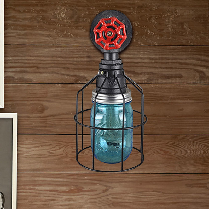 Frendorf | Vintage Caged Wandlamp met Binnenpot Shade en Rode Klep 1 Licht Glas Wandverlichting in Blauw/ doorzichtig
