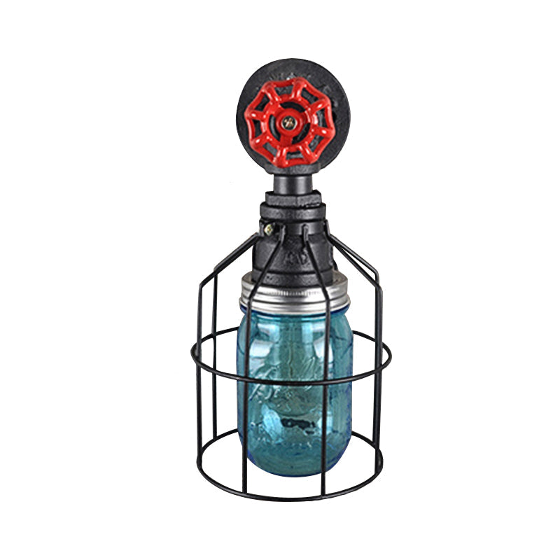 Frendorf | Vintage Caged Wandlamp met Binnenpot Shade en Rode Klep 1 Licht Glas Wandverlichting in Blauw/ doorzichtig