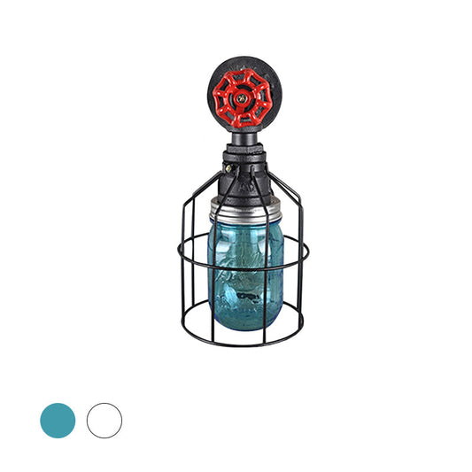 Frendorf | Vintage Caged Wandlamp met Binnenpot Shade en Rode Klep 1 Licht Glas Wandverlichting in Blauw/ doorzichtig