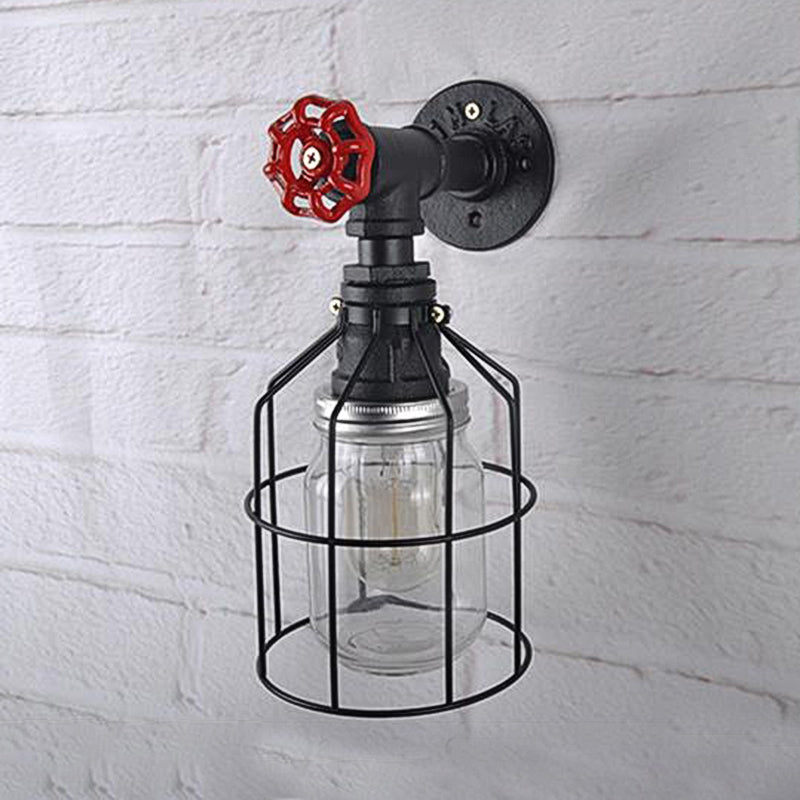 Frendorf | Vintage Caged Wandlamp met Binnenpot Shade en Rode Klep 1 Licht Glas Wandverlichting in Blauw/ doorzichtig