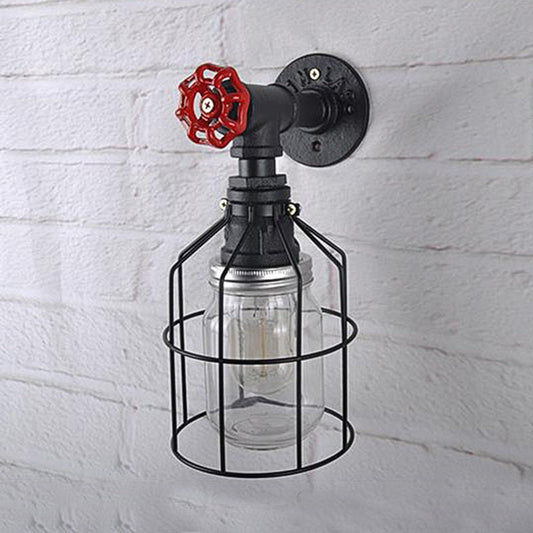Frendorf | Vintage Caged Wandlamp met Binnenpot Shade en Rode Klep 1 Licht Glas Wandverlichting in Blauw/ doorzichtig