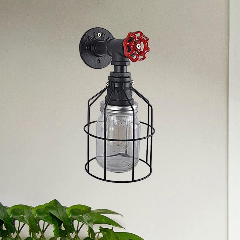Frendorf | Vintage Caged Wandlamp met Binnenpot Shade en Rode Klep 1 Licht Glas Wandverlichting in Blauw/ doorzichtig