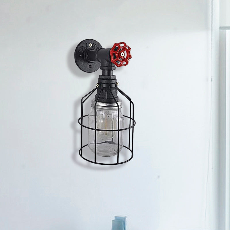 Frendorf | Vintage Caged Wandlamp met Binnenpot Shade en Rode Klep 1 Licht Glas Wandverlichting in Blauw/ doorzichtig