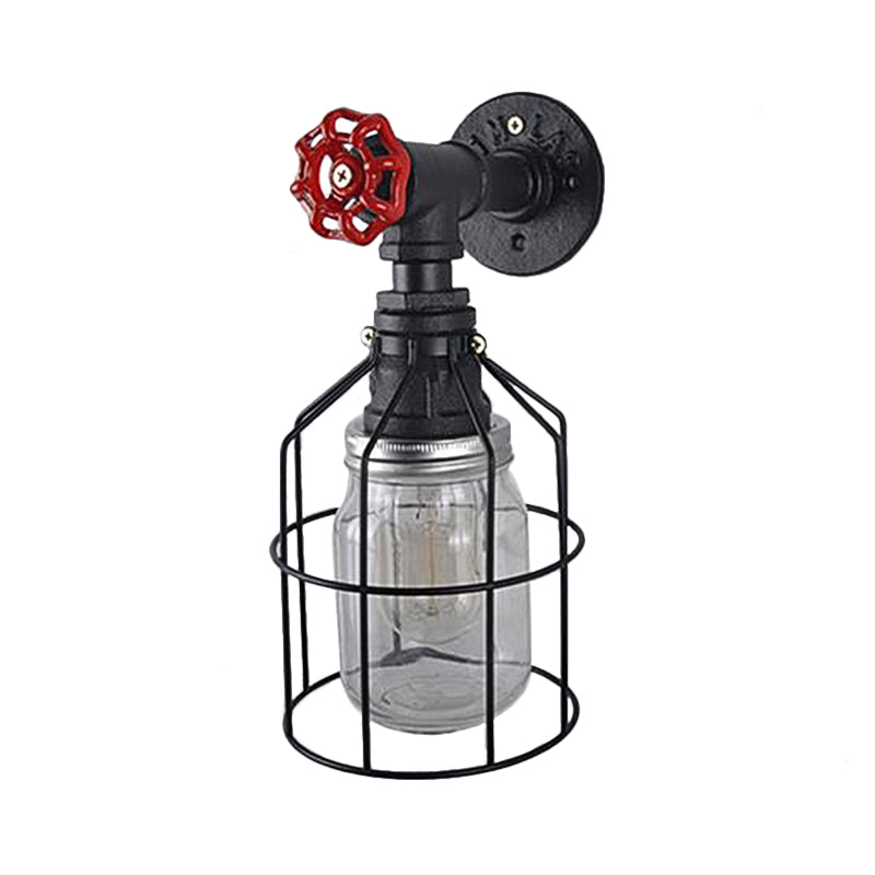 Frendorf | Vintage Caged Wandlamp met Binnenpot Shade en Rode Klep 1 Licht Glas Wandverlichting in Blauw/ doorzichtig