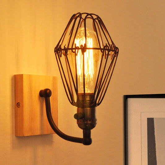 Frendorf | 1 Glühbirne Wandbeleuchtung Antik Stil Käfig Schmiedeeisen Wandlampe mit Holz-Rückwand in Schwarz