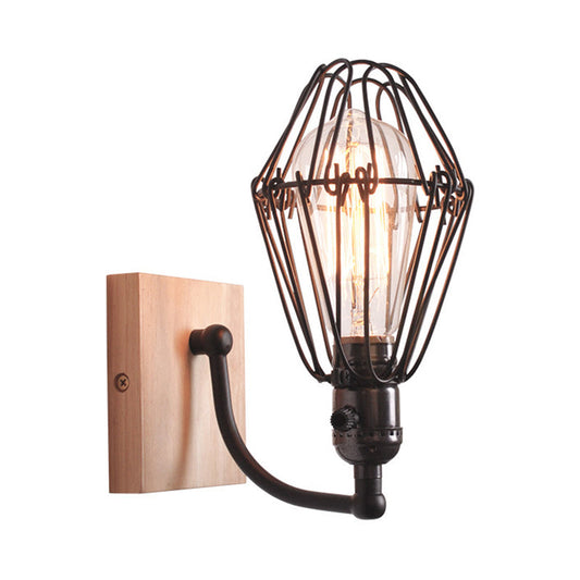 Frendorf | 1 Glühbirne Wandbeleuchtung Antik Stil Käfig Schmiedeeisen Wandlampe mit Holz-Rückwand in Schwarz