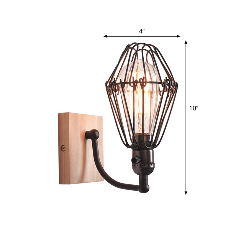 Frendorf | 1 Glühbirne Wandbeleuchtung Antik Stil Käfig Schmiedeeisen Wandlampe mit Holz-Rückwand in Schwarz
