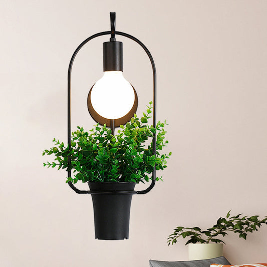 Frendorf | Exposed Bulb Metall Wandlampe mit Topfdekoration Lodge Stil 1 Licht Restaurant Wandbeleuchtung in Schwarz, 3"/4" B