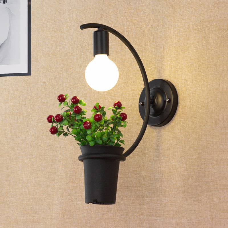 Frendorf | Exposed Bulb Metall Wandlampe mit Topfdekoration Lodge Stil 1 Licht Restaurant Wandbeleuchtung in Schwarz, 3"/4" B
