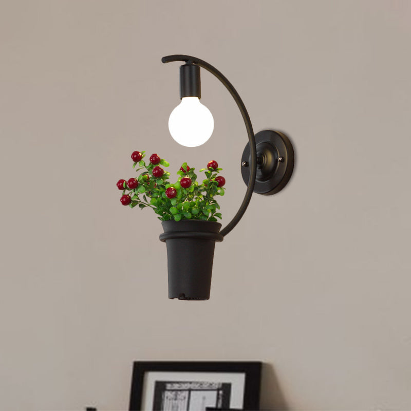 Frendorf | Exposed Bulb Metall Wandlampe mit Topfdekoration Lodge Stil 1 Licht Restaurant Wandbeleuchtung in Schwarz, 3"/4" B